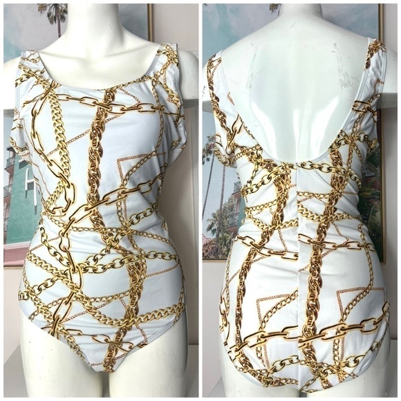 Cover Girl White Gold Chain Print Scoop One Piece Swimsuit Curvy Plus Size 16 1X - Picture 9 of 9